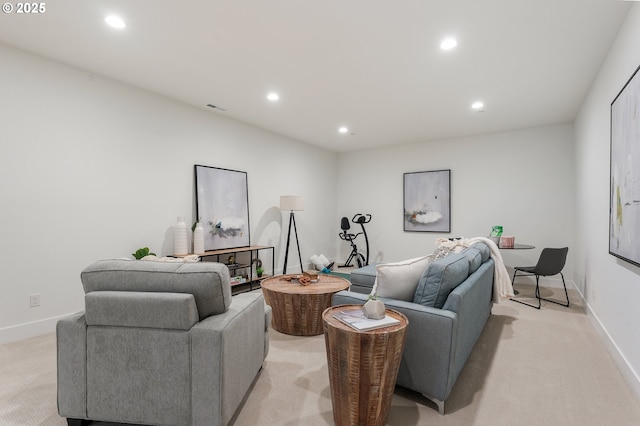 living room with light carpet, baseboards, visible vents, and recessed lighting