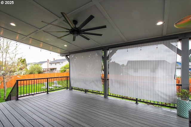 901 SE Olympia Dr, Vancouver, WA 98683 - wooden terrace featuring a lawn, a ceiling fan, and a fenced backyard