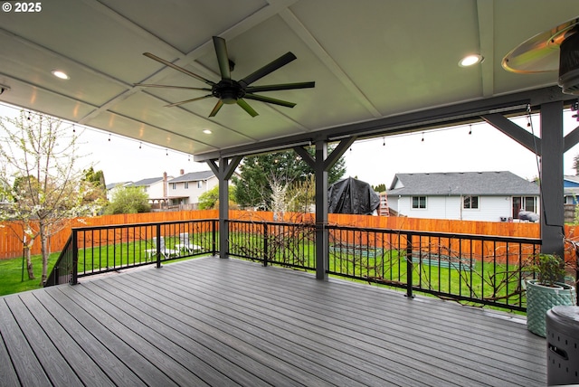 901 SE Olympia Dr, Vancouver, WA 98683 - deck featuring a ceiling fan, a yard, a residential view, and a fenced backyard