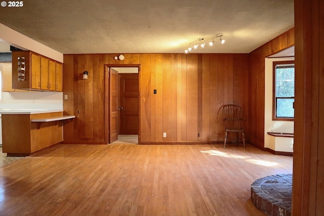 375 Fir Knoll Ln, Salem, OR 97317 - unfurnished living room with wood walls, baseboards, light wood-style floors, and a textured ceiling