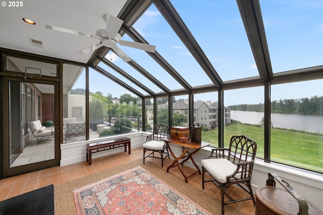 5250 S Landing Square Dr Unit 13, Portland, OR 97239 - sunroom with ceiling fan, a water view, and lofted ceiling