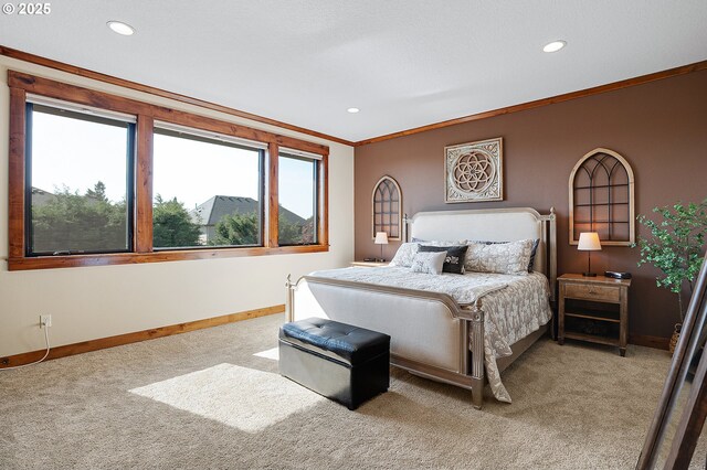 bedroom with carpet floors, recessed lighting, baseboards, and crown molding