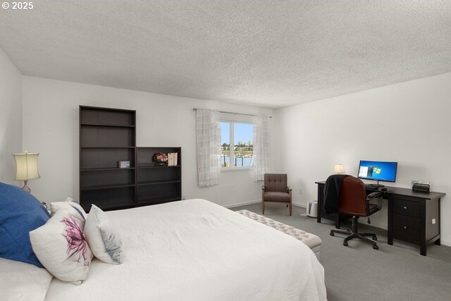 carpeted bedroom with baseboards and a textured ceiling