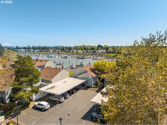 bird's eye view with a water view