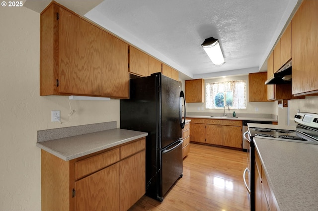945 Irving Ct, Eugene, OR 97404 - kitchen featuring stainless steel electric range oven, freestanding refrigerator, under cabinet range hood, light wood-style flooring, and a textured ceiling