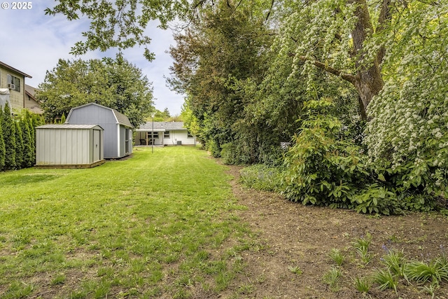 view of green lawn featuring a storage shed and an outdoor structure