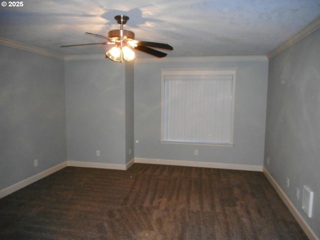 unfurnished room with crown molding, baseboards, and a ceiling fan