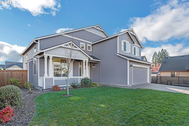 view of front facade with a porch, concrete driveway, an attached garage, fence, and a front lawn