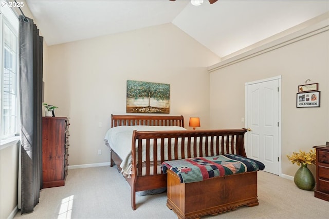 5277 Landon St, Salem, OR 97306 - bedroom featuring light carpet, lofted ceiling, baseboards, and a ceiling fan