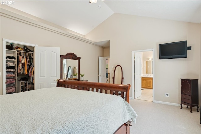 5277 Landon St, Salem, OR 97306 - bedroom with high vaulted ceiling, a walk in closet, light carpet, a closet, and baseboards