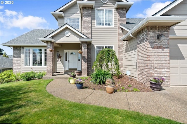 5277 Landon St, Salem, OR 97306 - traditional home featuring a garage, brick siding, a front yard, and roof with shingles