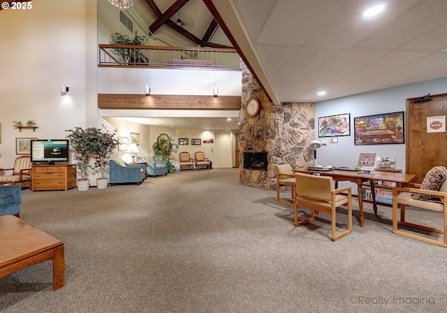 13775 SW Scholls Ferry Rd Unit 16, Beaverton, OR 97008 - carpeted living room featuring a fireplace and high vaulted ceiling