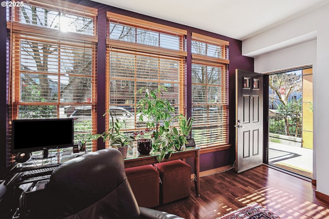 home office featuring wood finished floors and baseboards