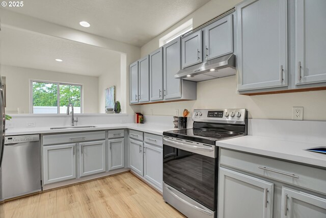 697 NW Rubus Ln, Hillsboro, OR 97124 - kitchen with stainless steel appliances, under cabinet range hood, a sink, gray cabinets, and light countertops