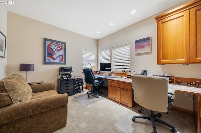 office featuring light carpet and recessed lighting