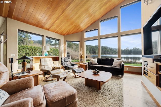 living area featuring light tile patterned flooring, wood ceiling, a water view, and high vaulted ceiling