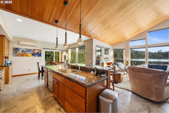 kitchen with open floor plan, vaulted ceiling, wooden ceiling, a wall mounted AC, and a sink