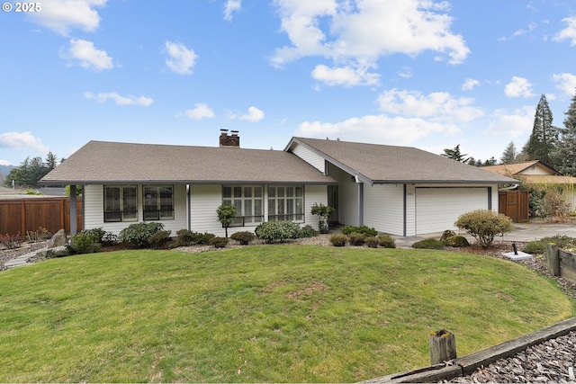 single story home featuring fence, driveway, an attached garage, a chimney, and a front lawn