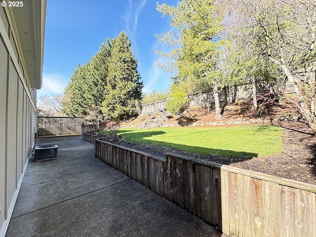 view of patio / terrace featuring a fenced backyard and central air condition unit