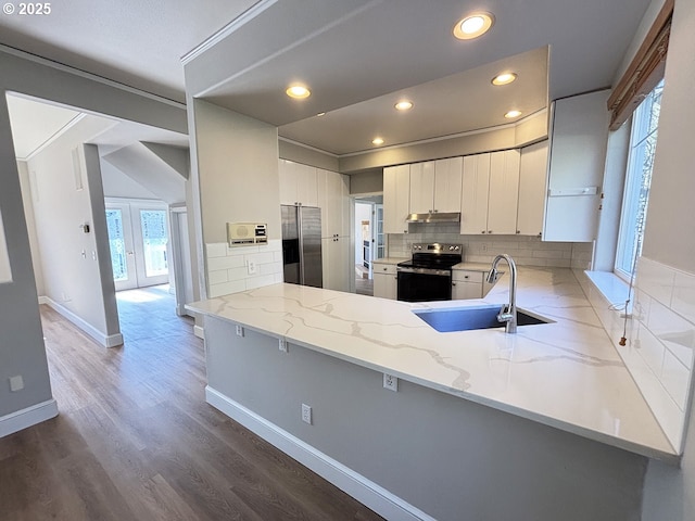 kitchen featuring stainless steel appliances, a sink, under cabinet range hood, and light stone countertops