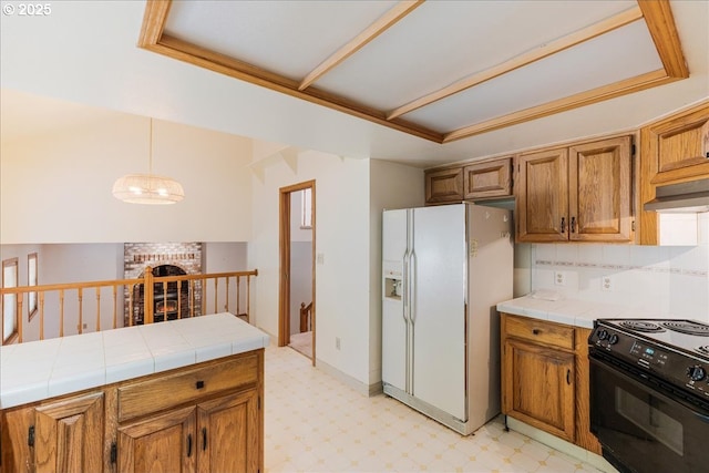 20916 SW Siletz Ct, Tualatin, OR 97062 - kitchen featuring white refrigerator with ice dispenser, black / electric stove, tile counters, light floors, and brown cabinets