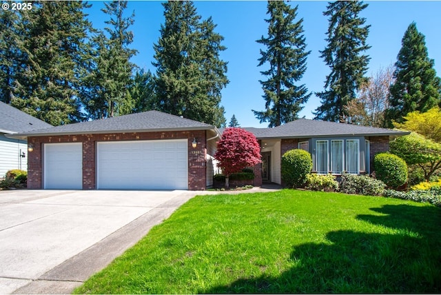 ranch-style home featuring a front yard, brick siding, a garage, and concrete driveway