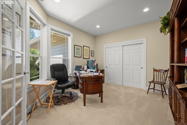 office with recessed lighting, carpet flooring, and french doors