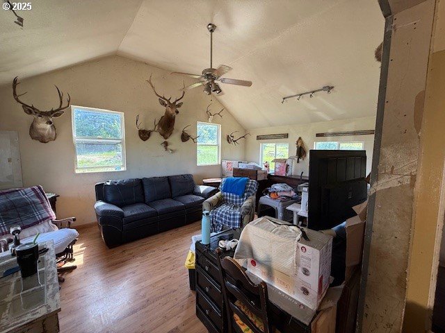 65748 Meissner Rd, Deer Island, OR 97054 - living room featuring lofted ceiling, a ceiling fan, and wood finished floors