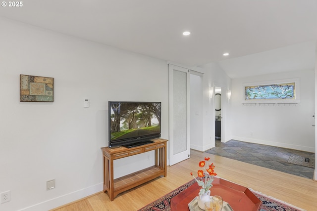 living room featuring vaulted ceiling and wood-type flooring