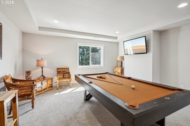 recreation room with billiards, recessed lighting, carpet flooring, and a textured ceiling