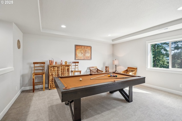 recreation room featuring carpet flooring, baseboards, billiards, and recessed lighting