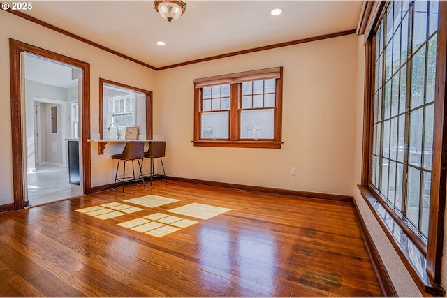 unfurnished room with ornamental molding, wood-type flooring, and sink