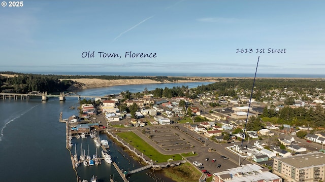 drone / aerial view featuring a water view