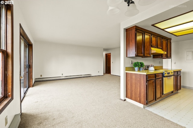 kitchen featuring a baseboard heating unit, light carpet, light countertops, electric range, and under cabinet range hood