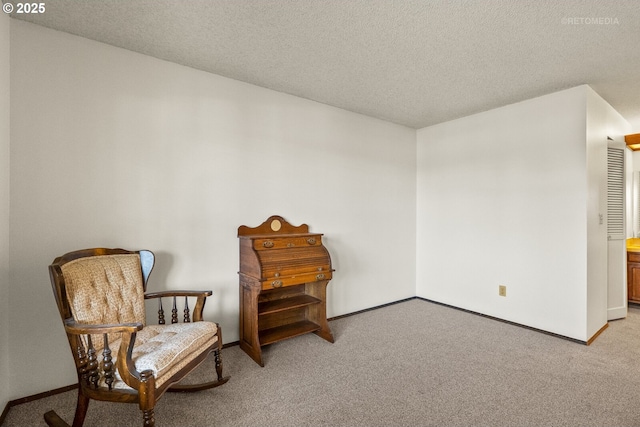 sitting room featuring carpet floors, baseboards, and a textured ceiling