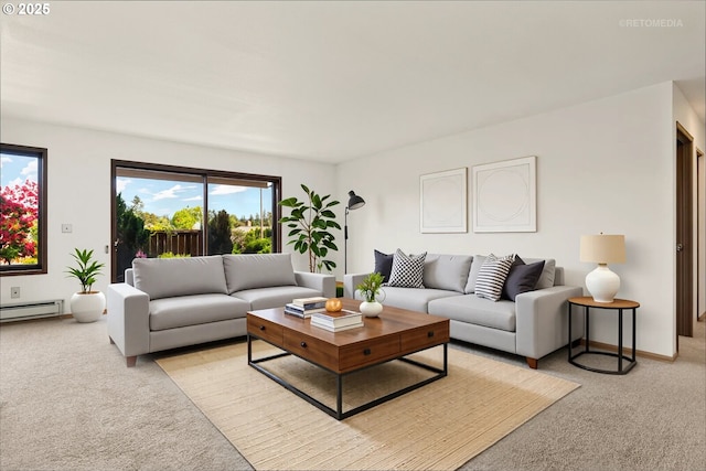 12665 SW Prince Edward Ct Unit A, Portland, OR 97224 - living room featuring light carpet, plenty of natural light, and a baseboard heating unit