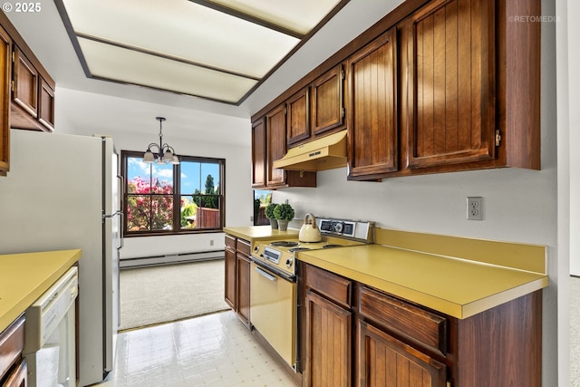 12665 SW Prince Edward Ct Unit A, Portland, OR 97224 - kitchen featuring white appliances, under cabinet range hood, a baseboard radiator, a chandelier, and light countertops
