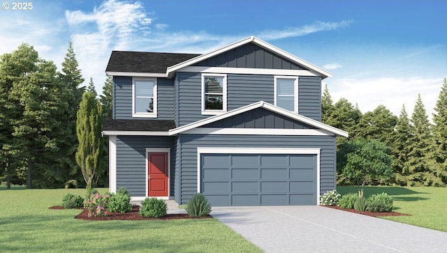 view of front of house with a front yard, concrete driveway, board and batten siding, and an attached garage