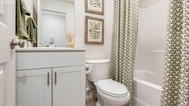 bathroom with toilet, vanity, shower / bath combo with shower curtain, and wood finished floors