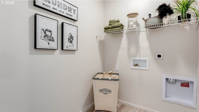 laundry room featuring hookup for an electric dryer, baseboards, washer hookup, and wood finished floors