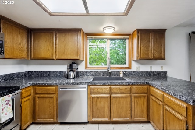 kitchen featuring appliances with stainless steel finishes, a sink, brown cabinetry, and dark countertops