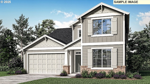 craftsman-style house featuring board and batten siding, stone siding, an attached garage, and concrete driveway