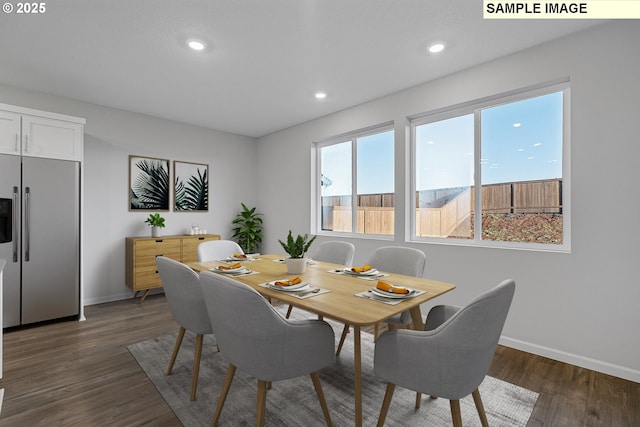 dining area with dark wood-type flooring, recessed lighting, and baseboards