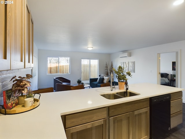 kitchen with open floor plan, dishwasher, light countertops, a wall mounted AC, and a sink