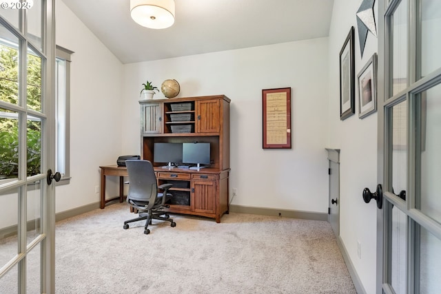 19294 Boulder Run Ct, Oregon City, OR 97045 - office area with french doors, light carpet, and lofted ceiling