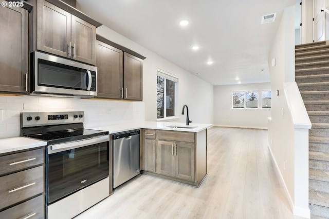 21190 SW Ortiz Ln, Beaverton, OR 97003 - kitchen featuring a sink, light wood-type flooring, stainless steel appliances, backsplash, and a peninsula
