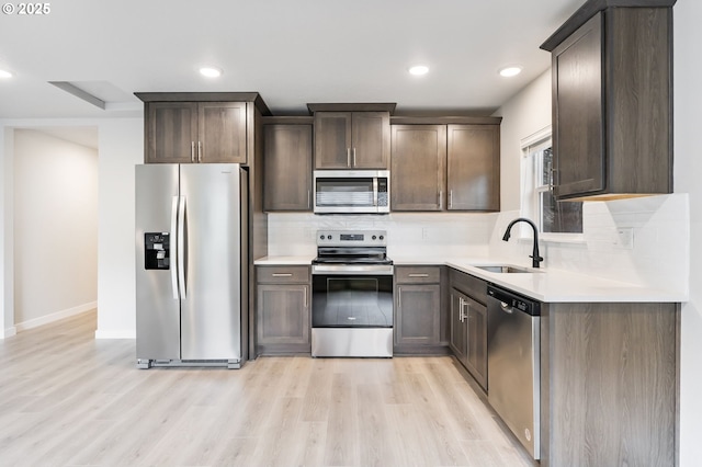 21190 SW Ortiz Ln, Beaverton, OR 97003 - kitchen featuring a sink, tasteful backsplash, dark brown cabinetry, light wood-style floors, and appliances with stainless steel finishes