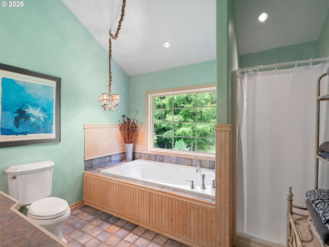 33901 Merrill Creek Rd, Deer Island, OR 97054 - bathroom with lofted ceiling, stone finish flooring, toilet, a bath, and recessed lighting