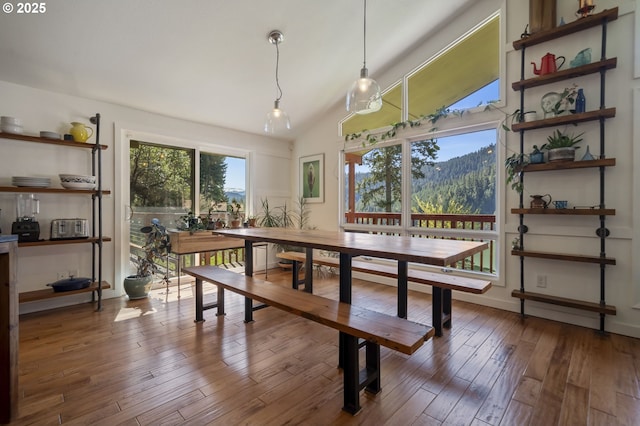 49867 Hills Creek Rd, Oakridge, OR 97463 - dining area featuring hardwood / wood-style flooring, a mountain view, and lofted ceiling