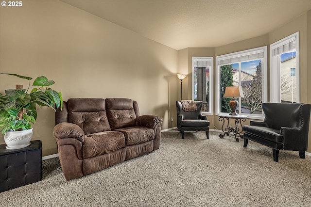 carpeted living room featuring baseboards